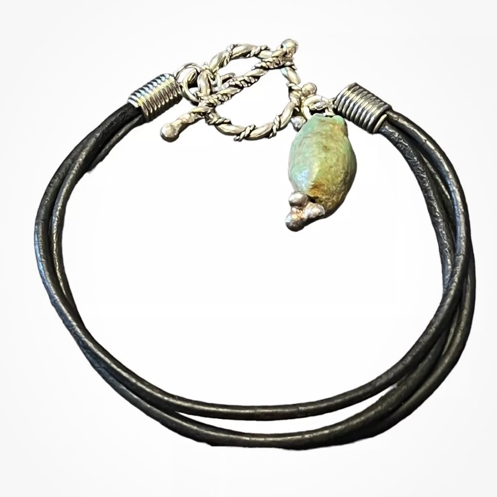Southwest Black Triple Cord Leather W/Turquoise Stone Bracelet Sterling 6” Band